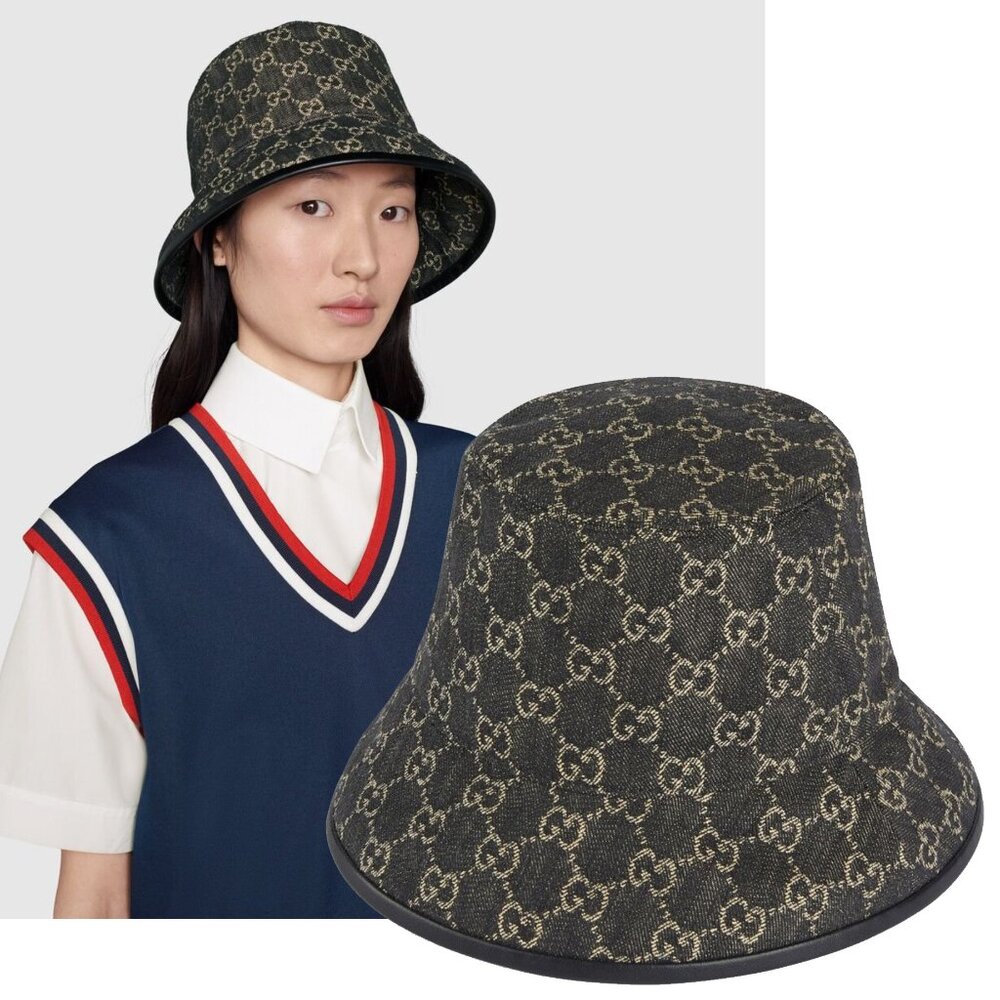GUCCI HAT GG LOGO MONOGRAM JACQUARD BLACK w LEATHER TRIM BUCKET UNISEX